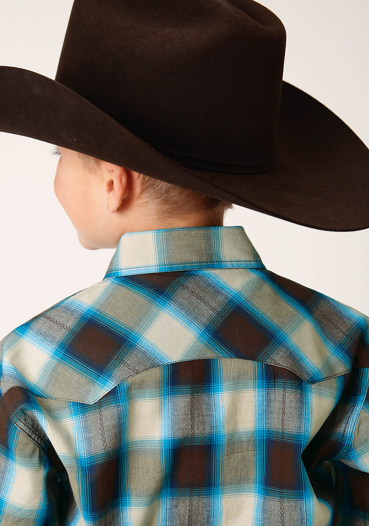 BOYS LONG SLEEVE SNAP BROWN ARROW PLAID WESTERN SHIRT