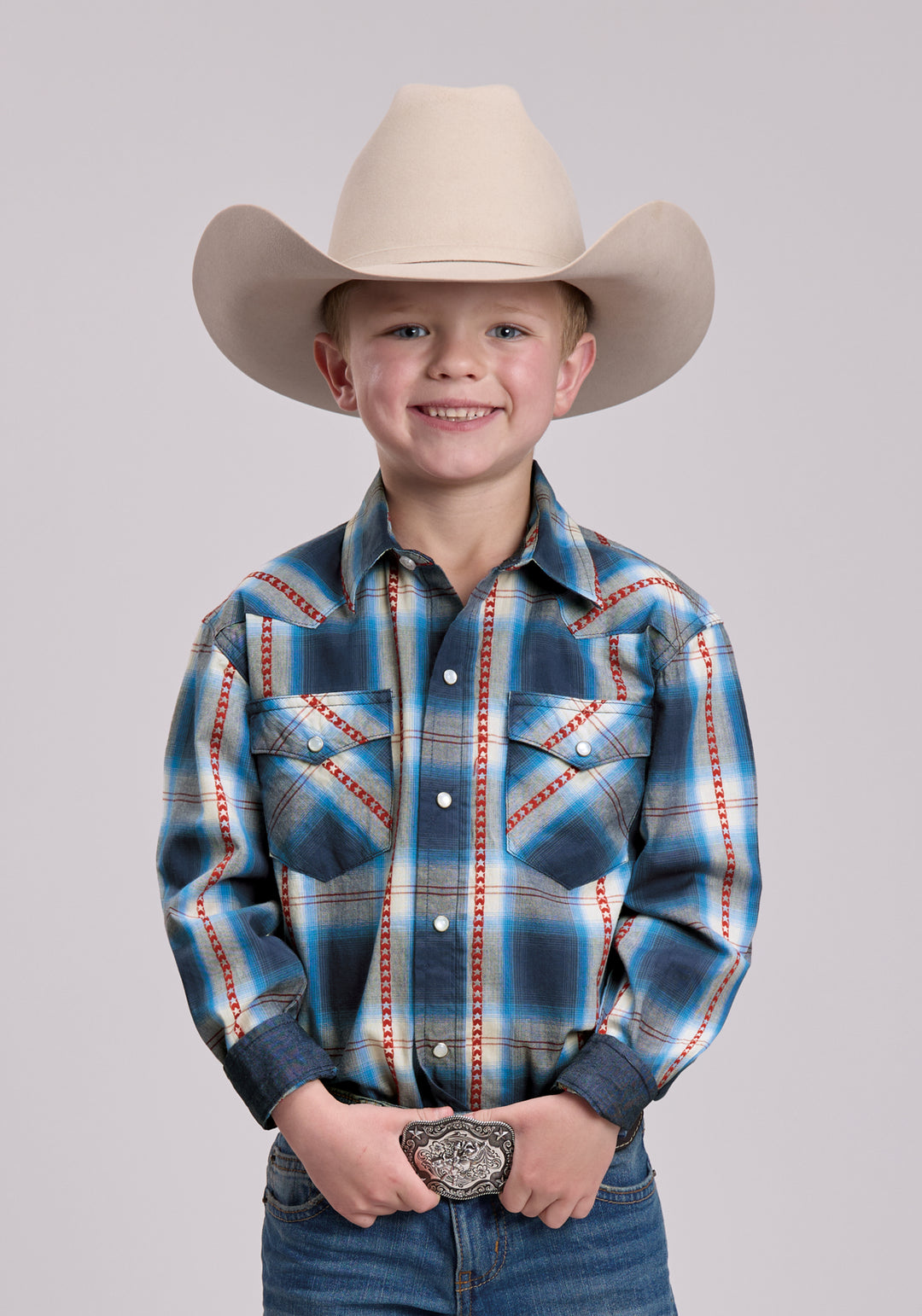 BOYS ROPER STAR DOBBY PLAID LONG SLEEVE SNAP SHIRT