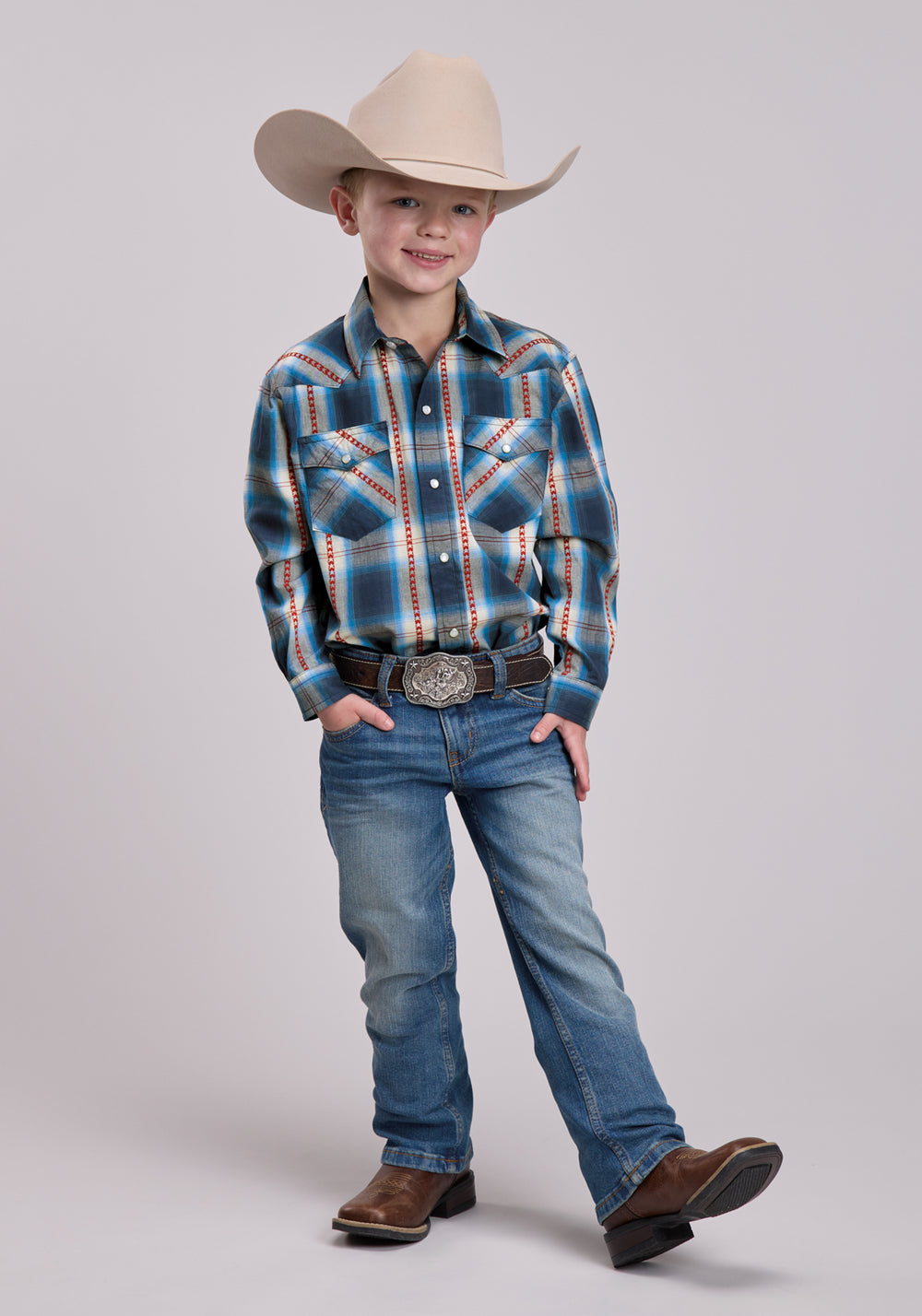 BOYS ROPER STAR DOBBY PLAID LONG SLEEVE SNAP SHIRT