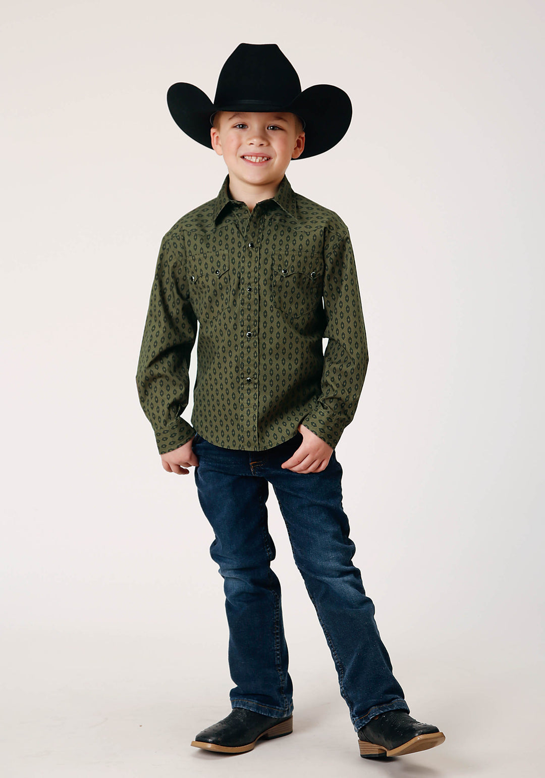 BOYS LONG SLEEVE SNAP DRYBRUSH DIAMONDS WESTERN SHIRT