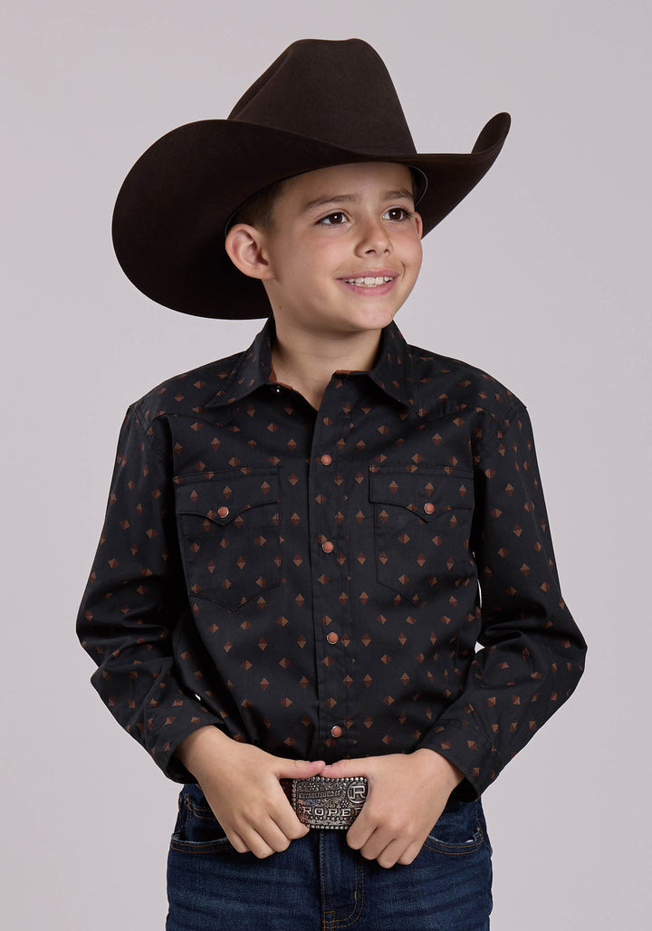 BOYS LONG SLEEVE SNAP AZTEC FOULARD PRINT WESTERN SHIRT