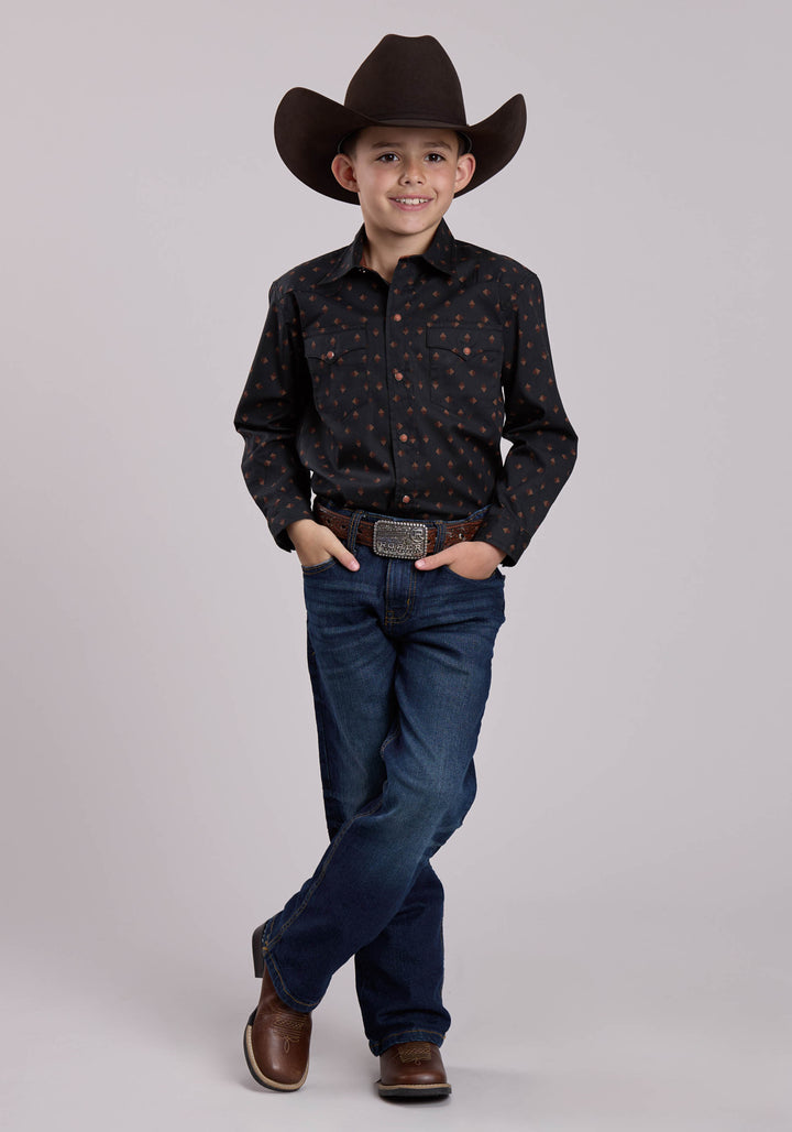 BOYS LONG SLEEVE SNAP AZTEC FOULARD PRINT WESTERN SHIRT