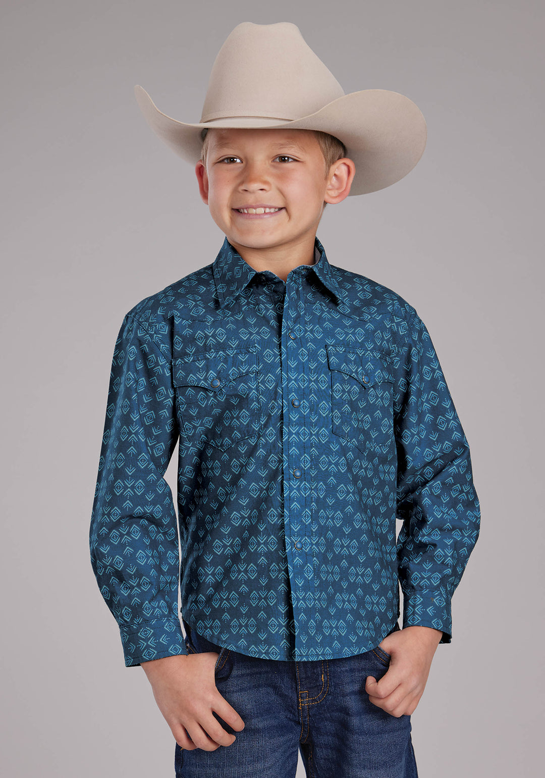 BOYS DIAMOND PRINT LONG SLEEVE SNAP WESTERN SHIRT