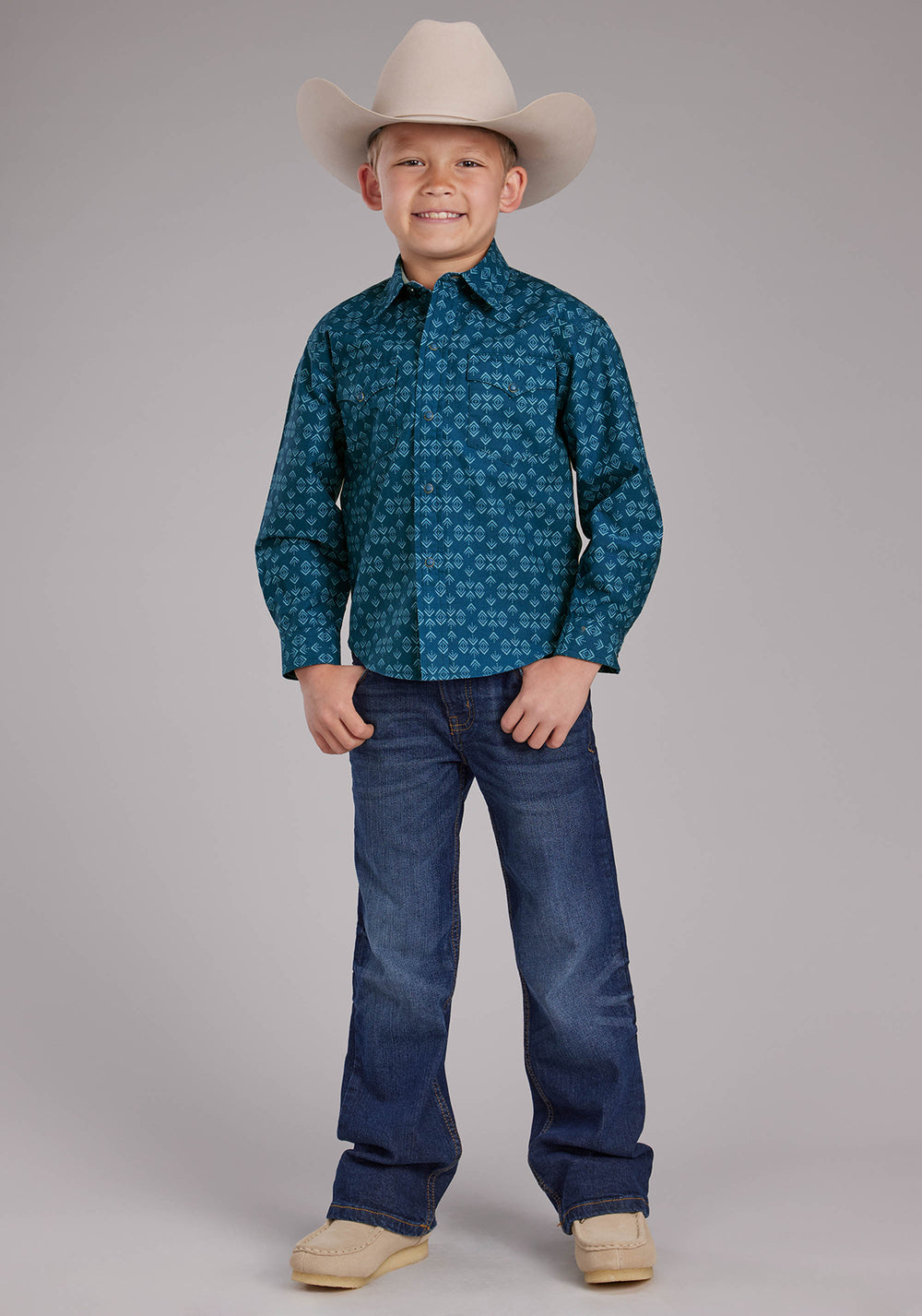 BOYS DIAMOND PRINT LONG SLEEVE SNAP WESTERN SHIRT
