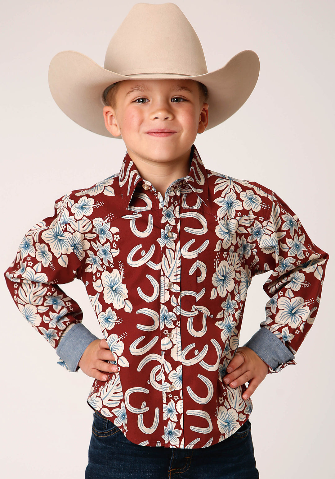 BOYS LONG SLEEVE SNAP HAWAIIAN HORSESHOES PRINT WESTERN SHIRT