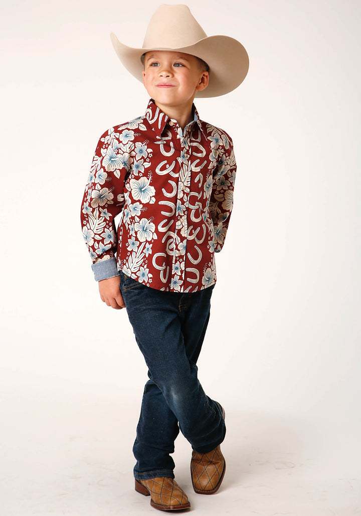 BOYS LONG SLEEVE SNAP HAWAIIAN HORSESHOES PRINT WESTERN SHIRT