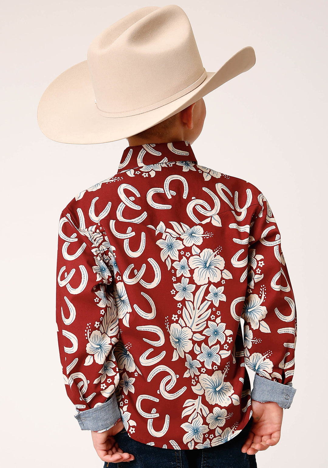 BOYS LONG SLEEVE SNAP HAWAIIAN HORSESHOES PRINT WESTERN SHIRT