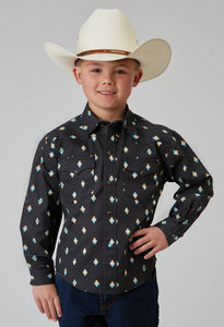 BOYS LONG SLEEVE SNAP OMBRE AZTEC PRINT WESTERN SHIRT