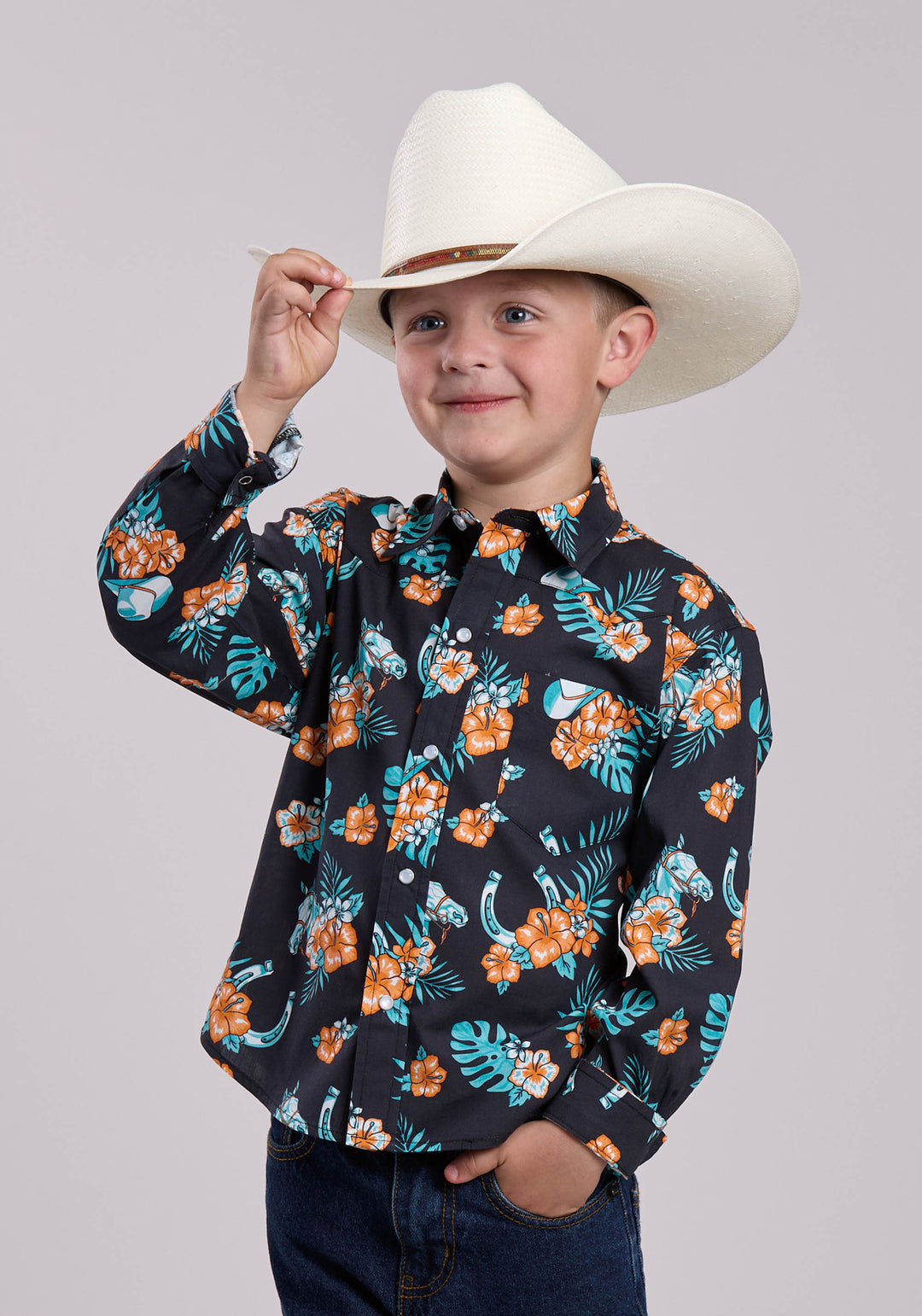 BOYS ROPER HAWAIIAN PRINT LONG SLEEVE SNAP SHIRT