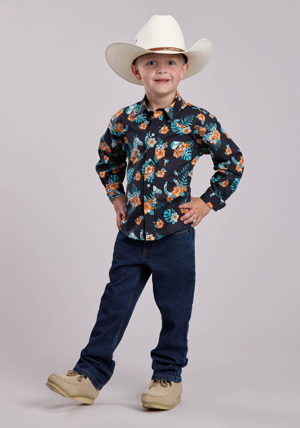 BOYS ROPER HAWAIIAN PRINT LONG SLEEVE SNAP SHIRT