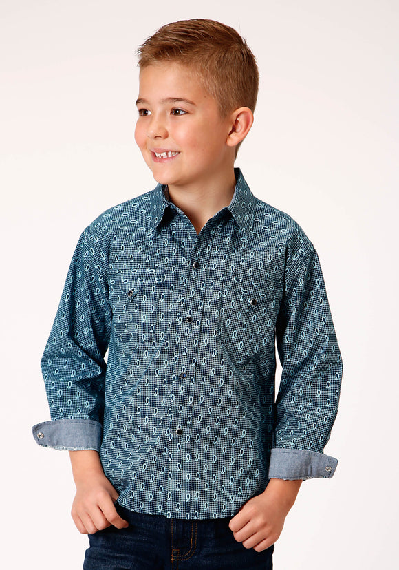 BOYS LONG SLEEVE SNAP PAISLEY GRID WESTERN SHIRT