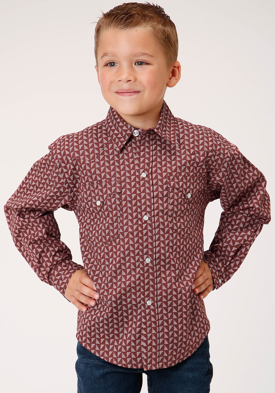BOYS LONG SLEEVE SNAP RED SHADOW GEO WESTERN SHIRT