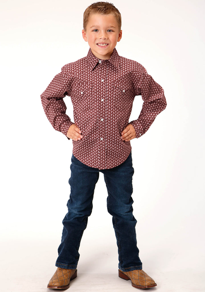 BOYS LONG SLEEVE SNAP RED SHADOW GEO WESTERN SHIRT