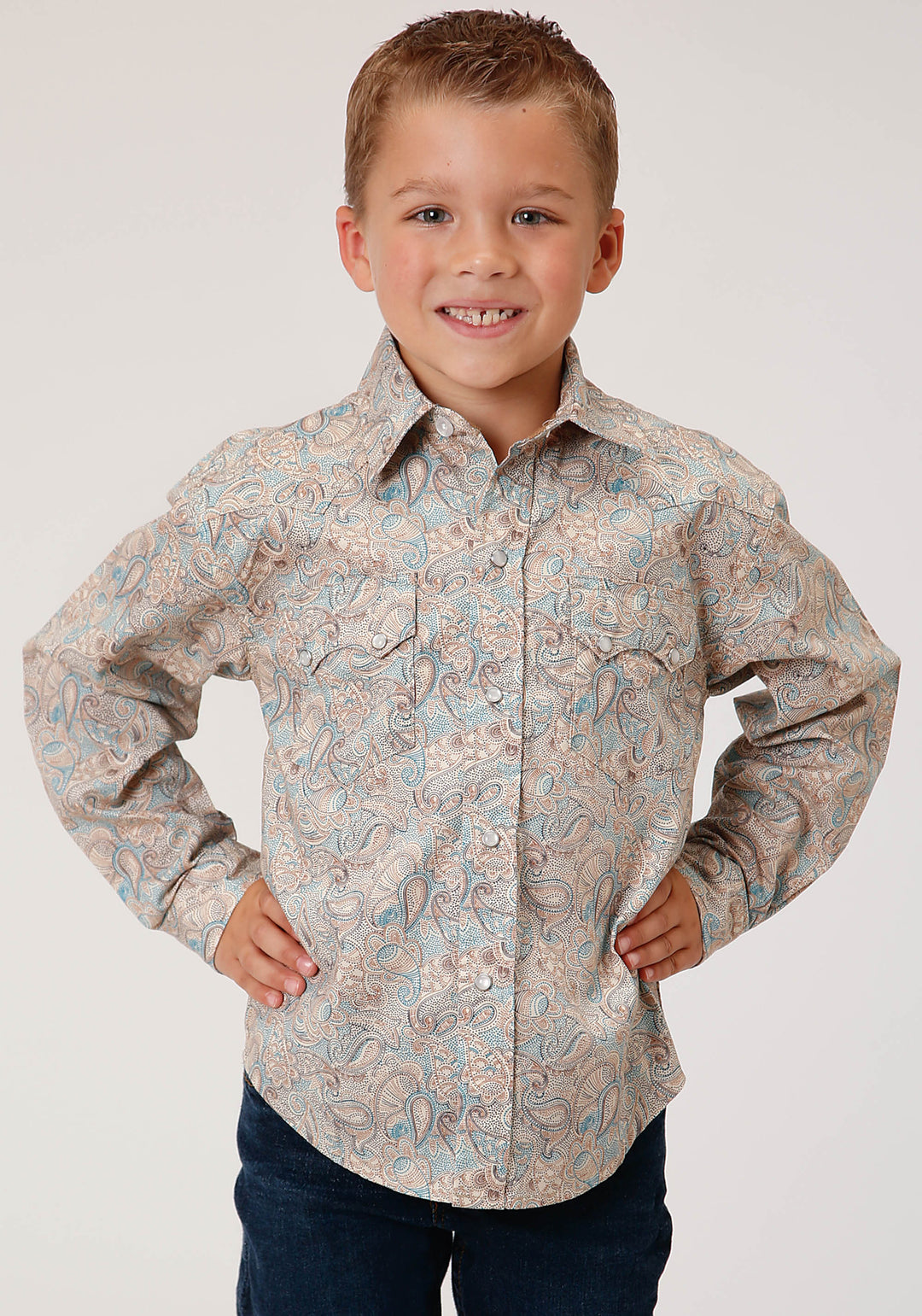 BOYS LONG SLEEVE SNAP DOT PAISLEY PRINT WESTERN SHIRT