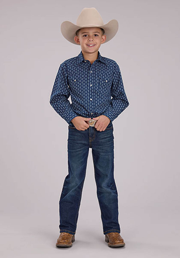 BOYS LONG SLEEVE SNAP DRYBRUSH DIAMONDS WESTERN SHIRT