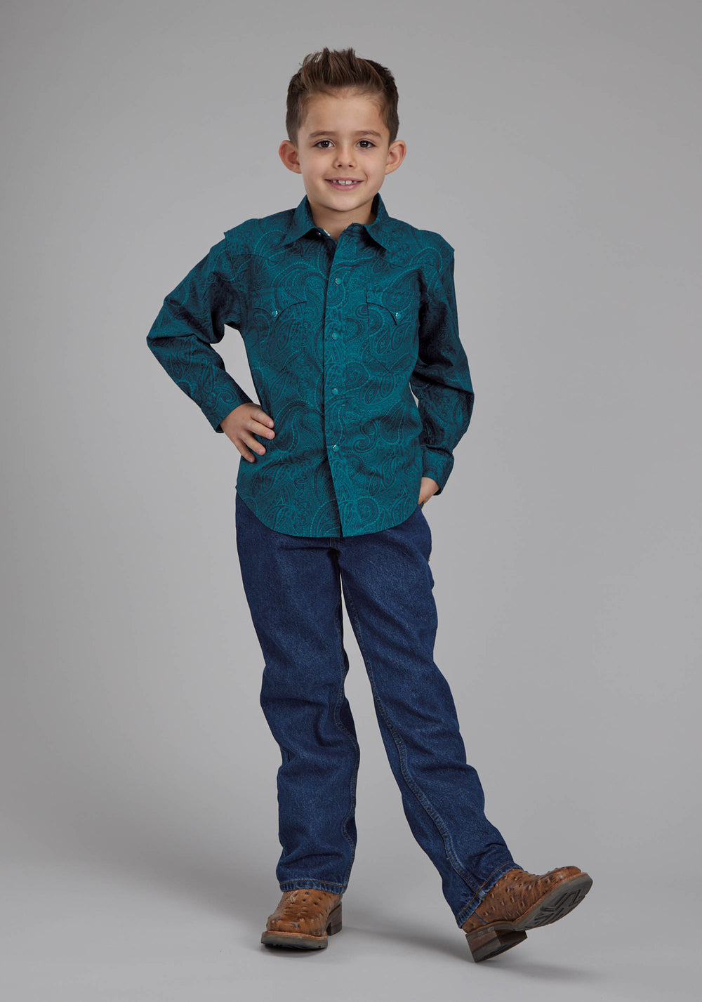 BOYS TONAL PAISLEY LONG SLEEVE SNAP WESTERN SHIRT
