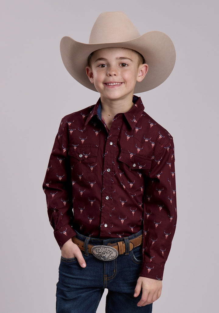 BOYS ROPER SKULL PRINT LONG SLEEVE SNAP SHIRT