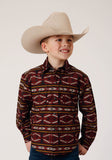 BOYS LONG SLEEVE SNAP RED AZTEC HORIZONTAL STRIPE WESTERN SHIRT