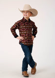 BOYS LONG SLEEVE SNAP RED AZTEC HORIZONTAL STRIPE WESTERN SHIRT