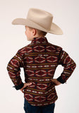 BOYS LONG SLEEVE SNAP RED AZTEC HORIZONTAL STRIPE WESTERN SHIRT