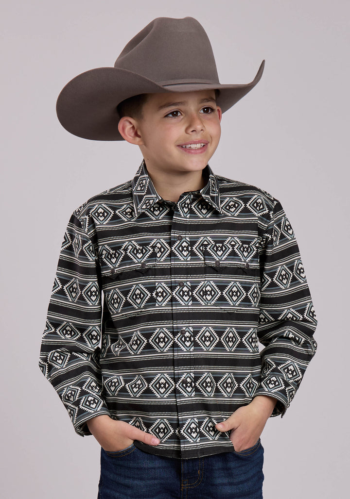 BOYS LONG SLEEVE SNAP AZTEC STRIPE WESTERN SHIRT