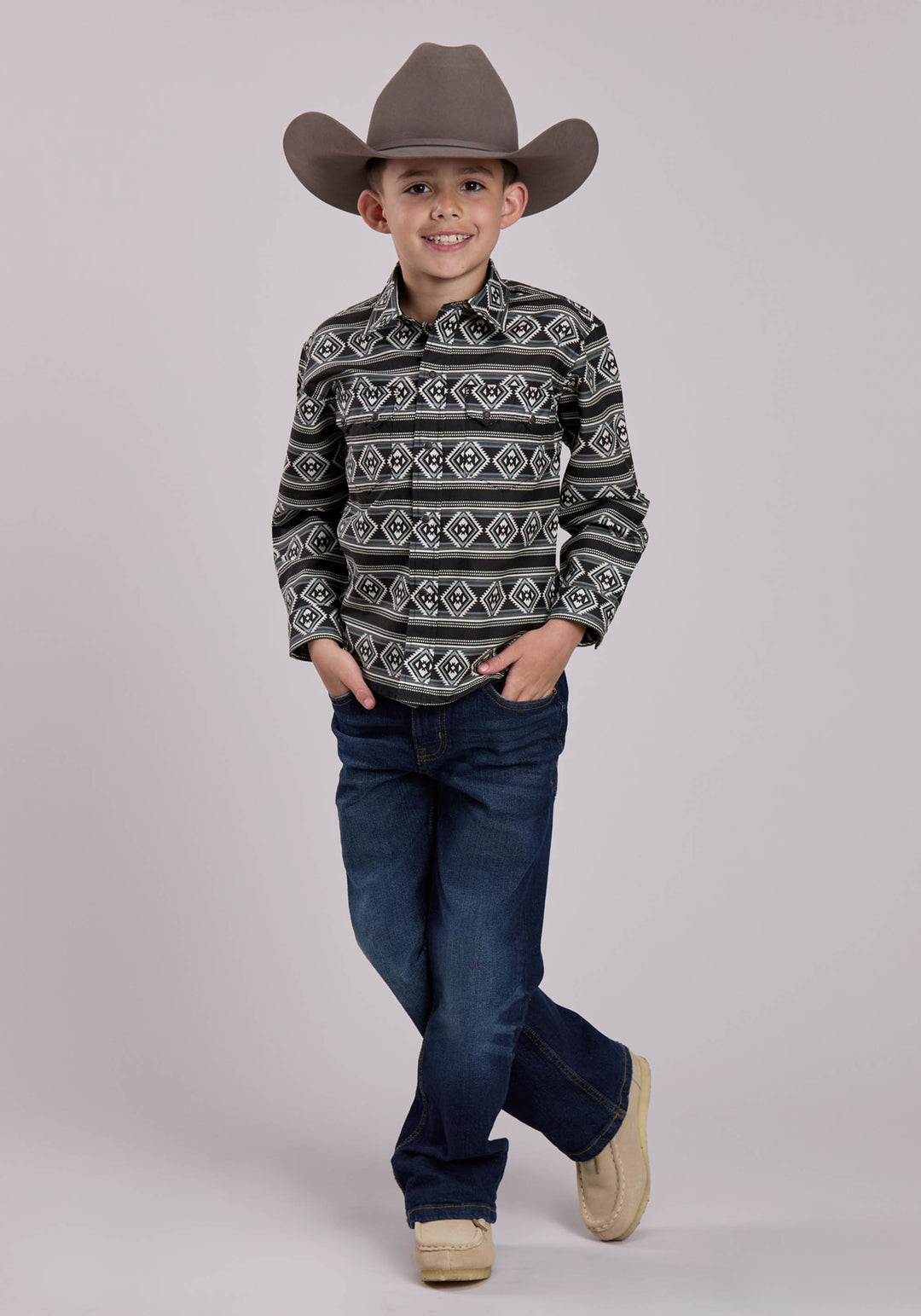 BOYS LONG SLEEVE SNAP AZTEC STRIPE WESTERN SHIRT