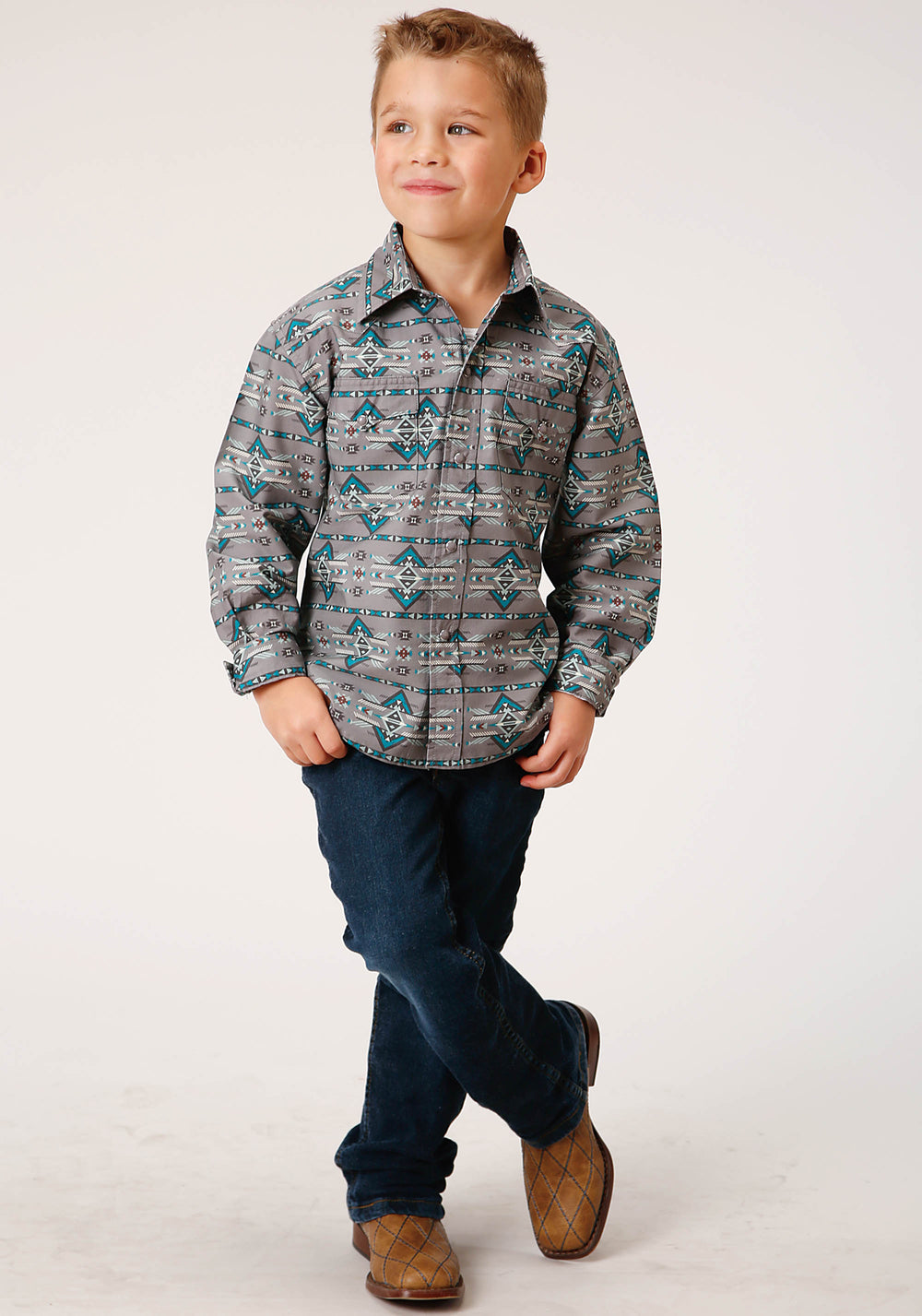 BOYS LONG SLEEVE SNAP GEOMETRIC AZTEC WESTERN SHIRT