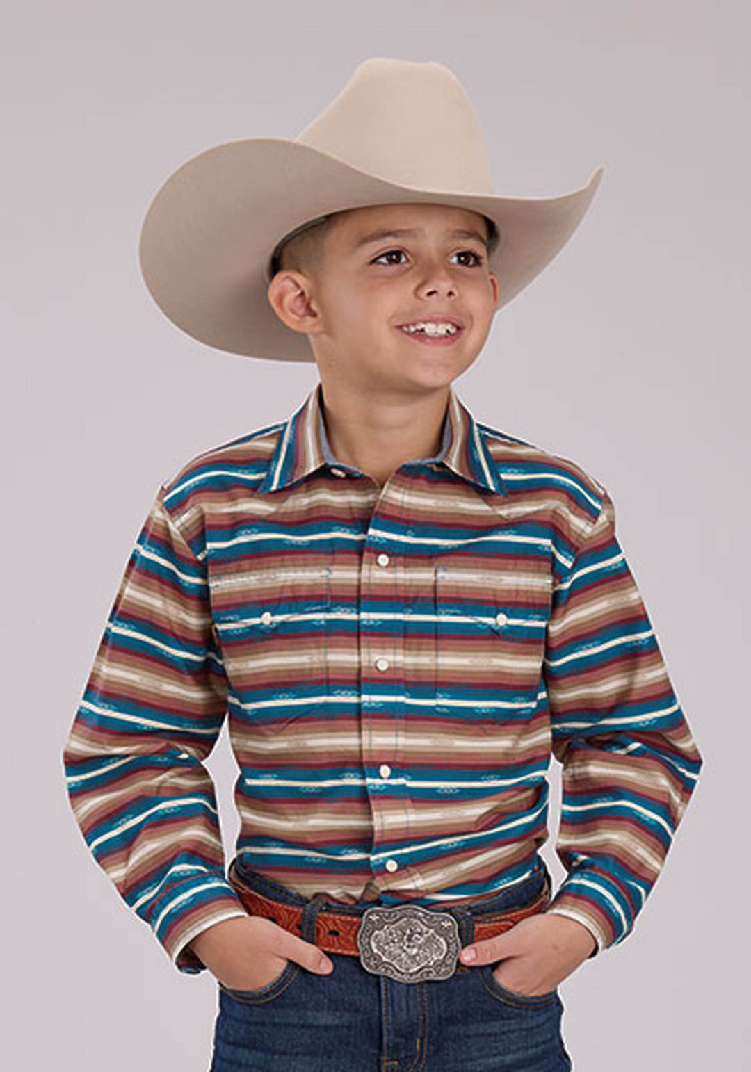 BOYS MINI AZTEC STRIPE LONG SLEEVE SNAP WESTERN SHIRT