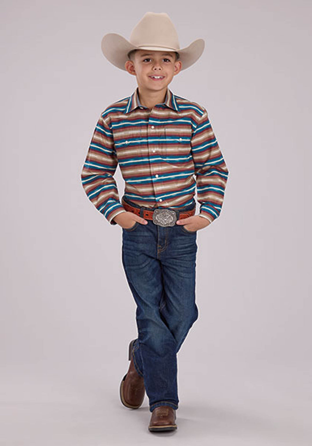 BOYS MINI AZTEC STRIPE LONG SLEEVE SNAP WESTERN SHIRT