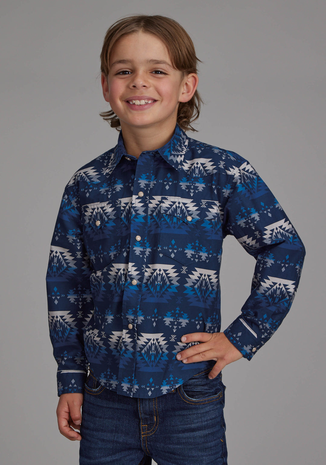 BOYS OMBRE AZTEC PRINT LONG SLEEVE SNAP WESTERN SHIRT