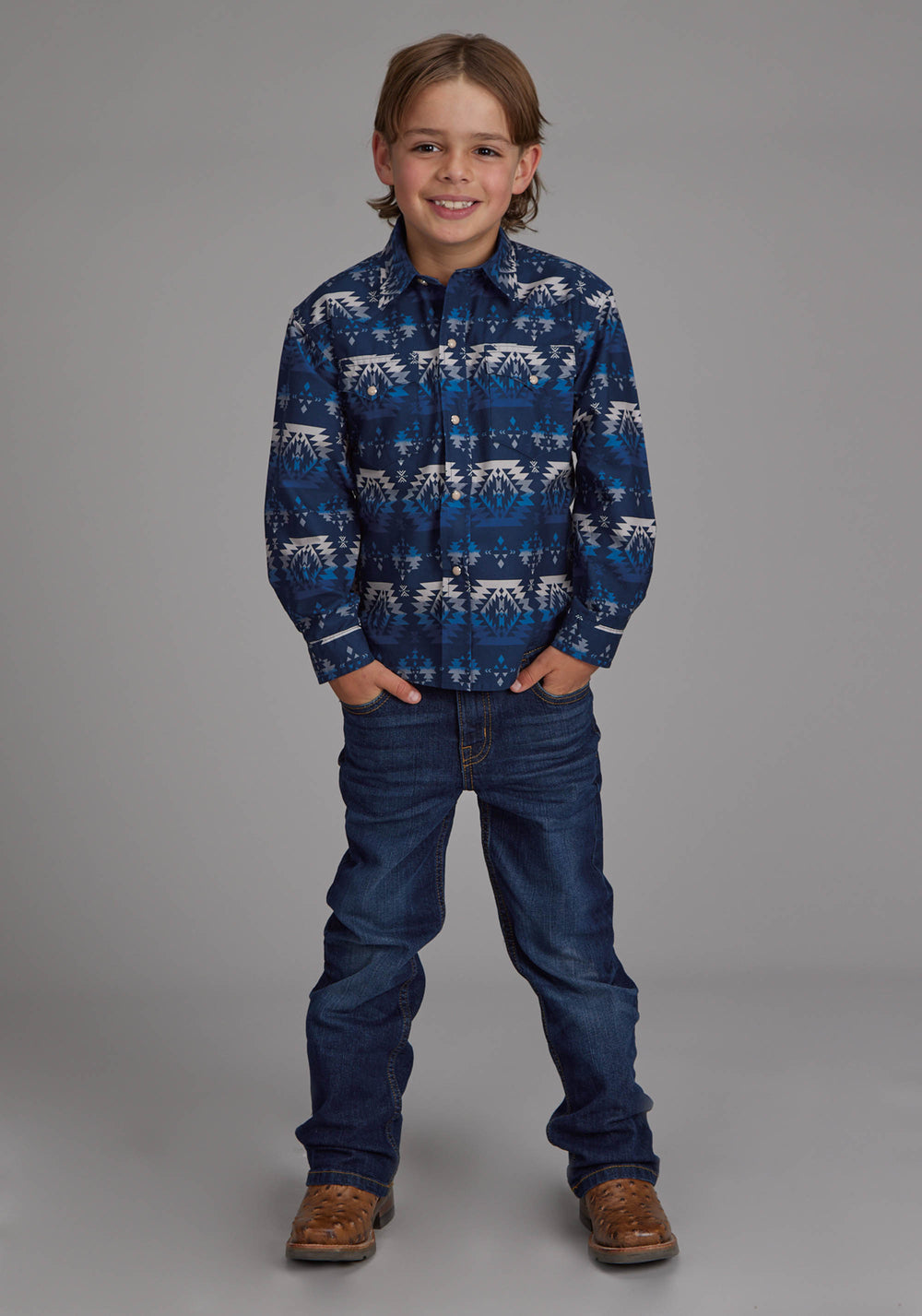 BOYS OMBRE AZTEC PRINT LONG SLEEVE SNAP WESTERN SHIRT