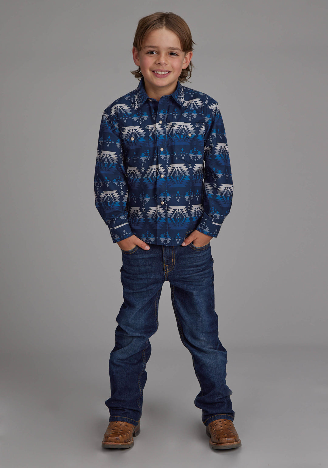 BOYS OMBRE AZTEC PRINT LONG SLEEVE SNAP WESTERN SHIRT