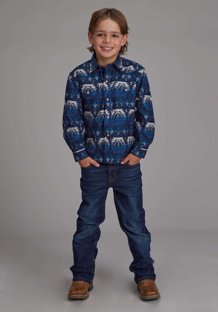 BOYS OMBRE AZTEC PRINT LONG SLEEVE SNAP WESTERN SHIRT