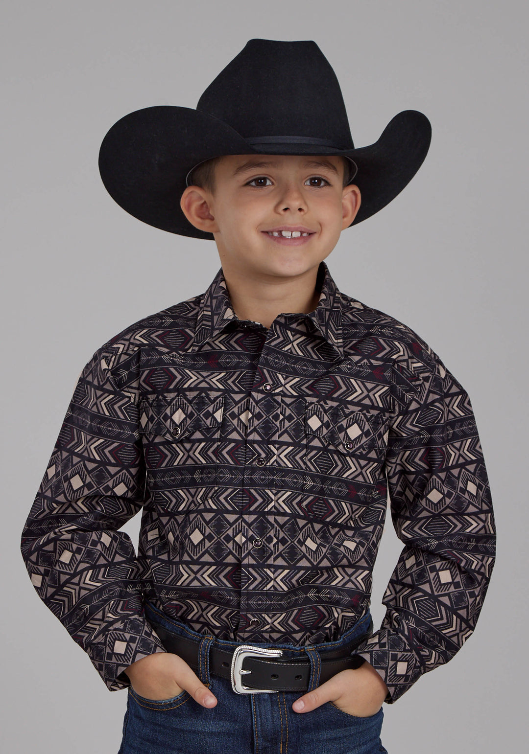 BOYS POP COLOR AZTEC PRINT LONG SLEEVE SNAP WESTERN SHIRT