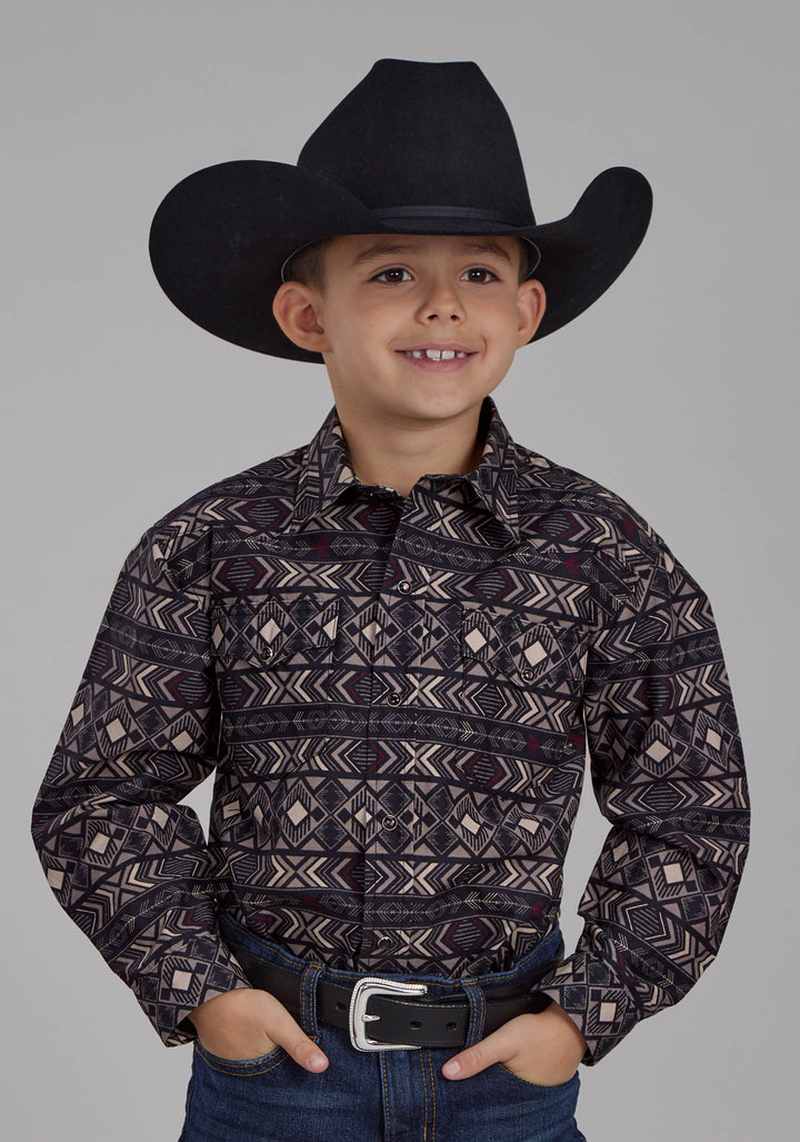 BOYS POP COLOR AZTEC PRINT LONG SLEEVE SNAP WESTERN SHIRT