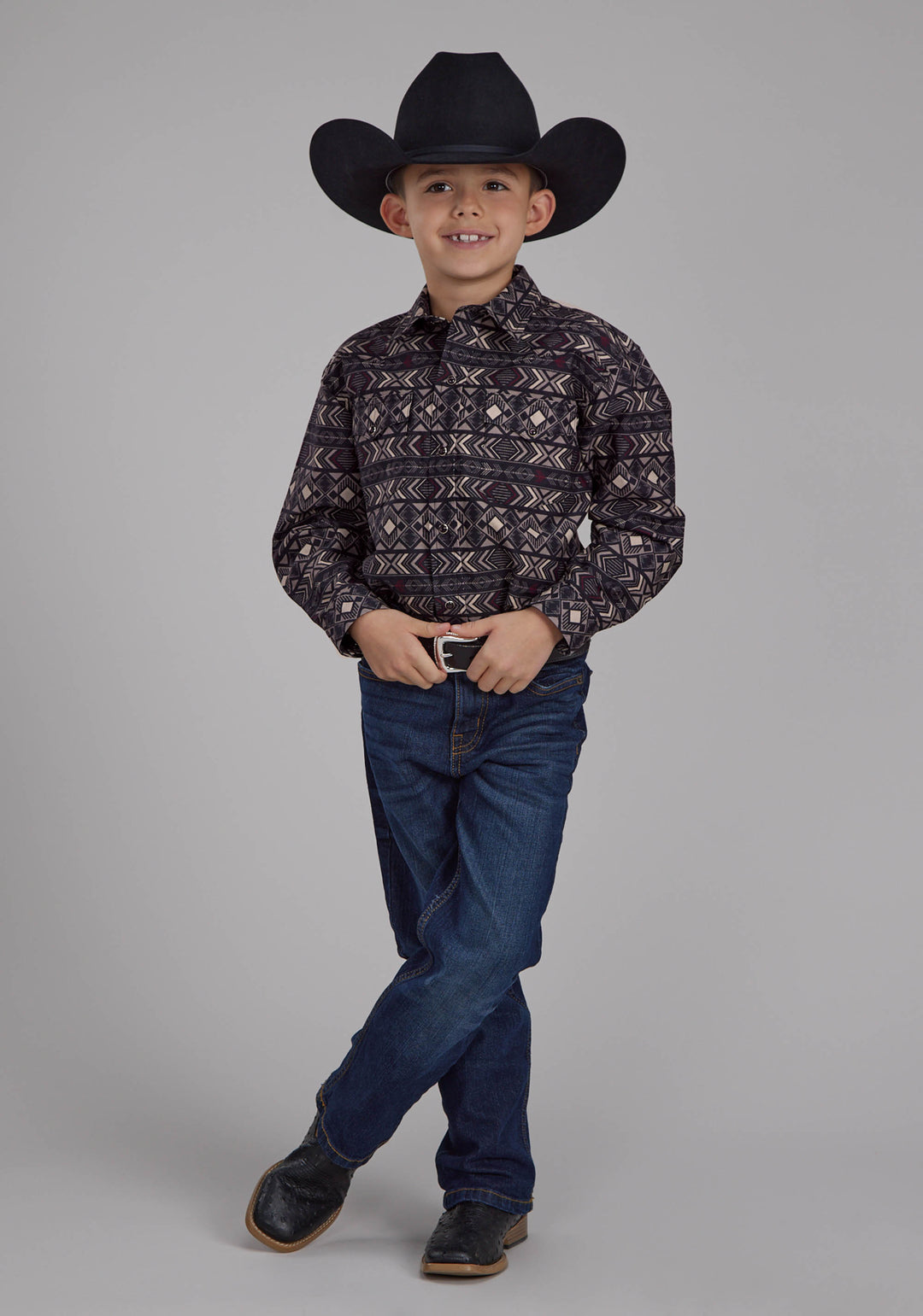 BOYS POP COLOR AZTEC PRINT LONG SLEEVE SNAP WESTERN SHIRT