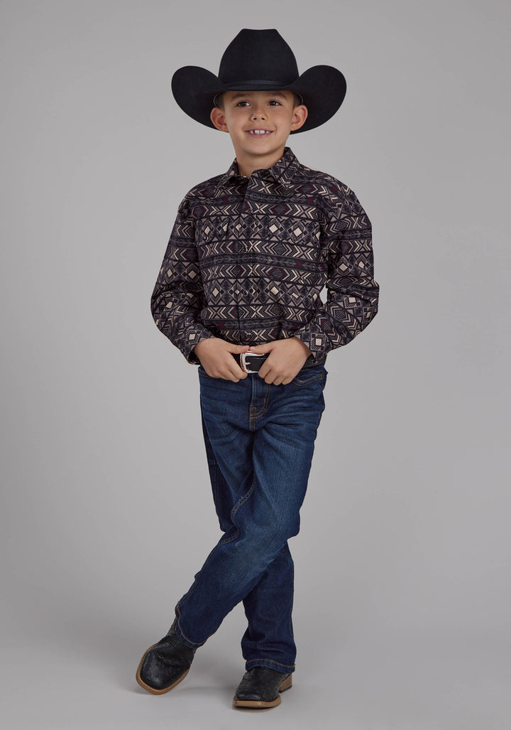 BOYS POP COLOR AZTEC PRINT LONG SLEEVE SNAP WESTERN SHIRT