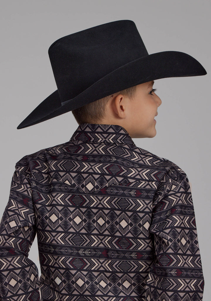 BOYS POP COLOR AZTEC PRINT LONG SLEEVE SNAP WESTERN SHIRT