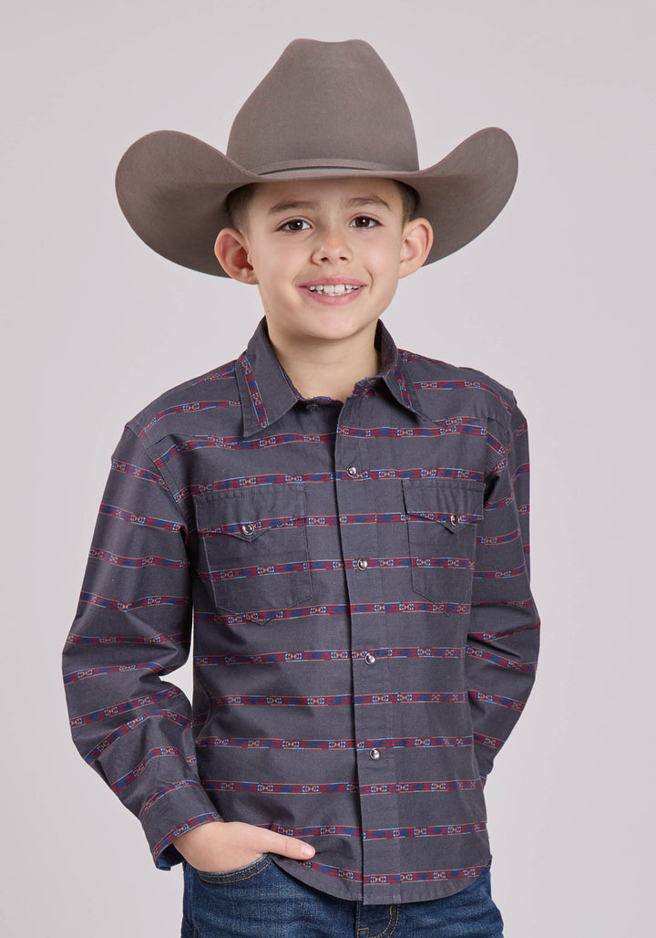 BOYS LONG SLEEVE SNAP AZTEC STRIPE WESTERN SHIRT
