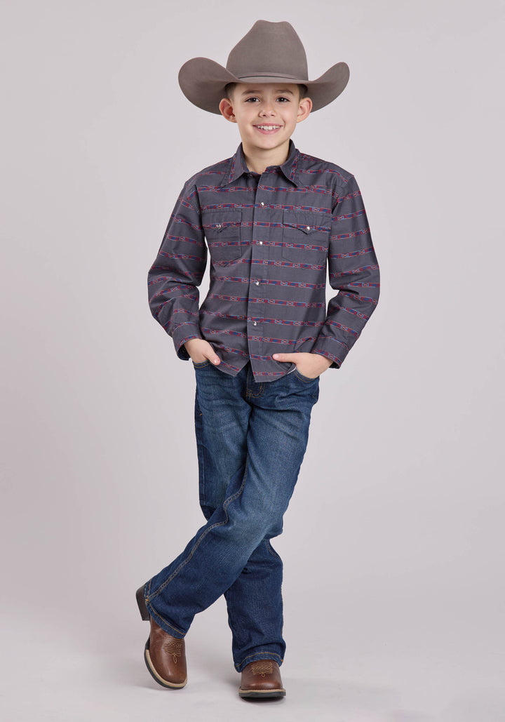 BOYS LONG SLEEVE SNAP AZTEC STRIPE WESTERN SHIRT
