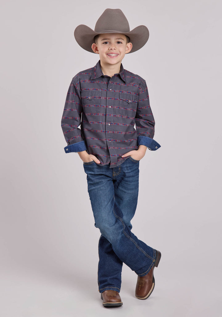 BOYS LONG SLEEVE SNAP AZTEC STRIPE WESTERN SHIRT