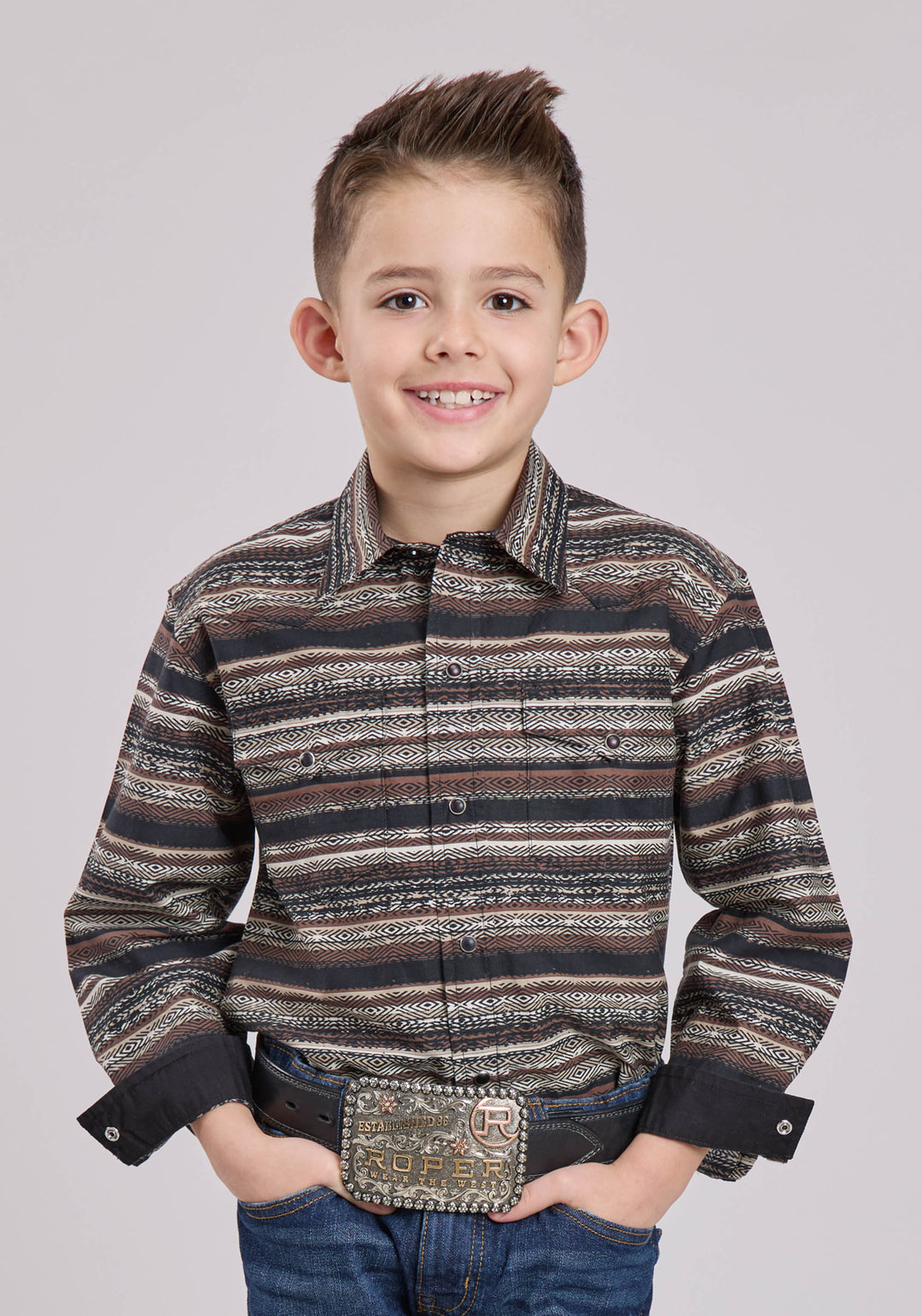 BOYS LONG SLEEVE SNAP DISTRESSED AZTEC PRINT WESTERN SHIRT