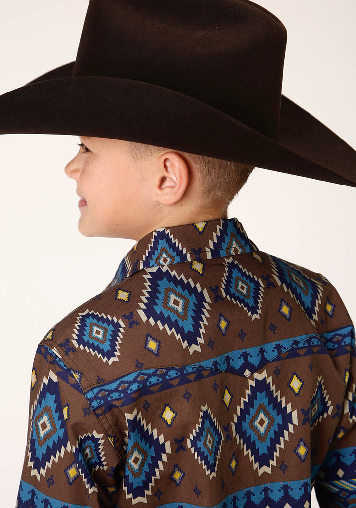 BOYS LONG SLEEVE SNAP CHOCOLATE AZTEC PRINT WESTERN SHIRT