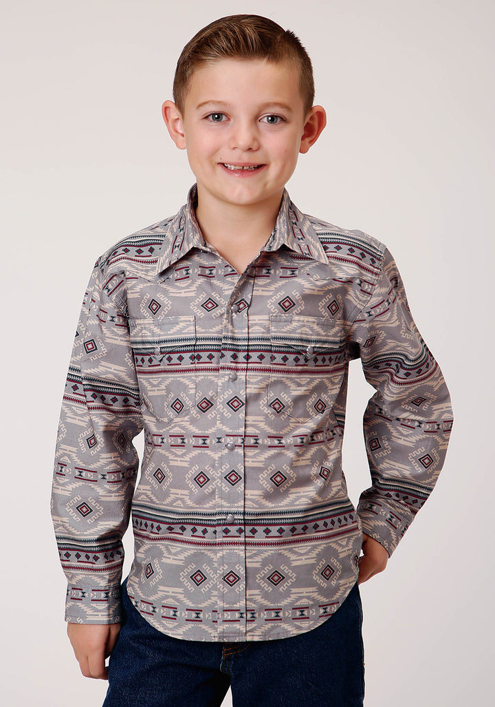 BOYS LONG SLEEVE SNAP BLANKET AZTEC PRINT WESTERN SHIRT