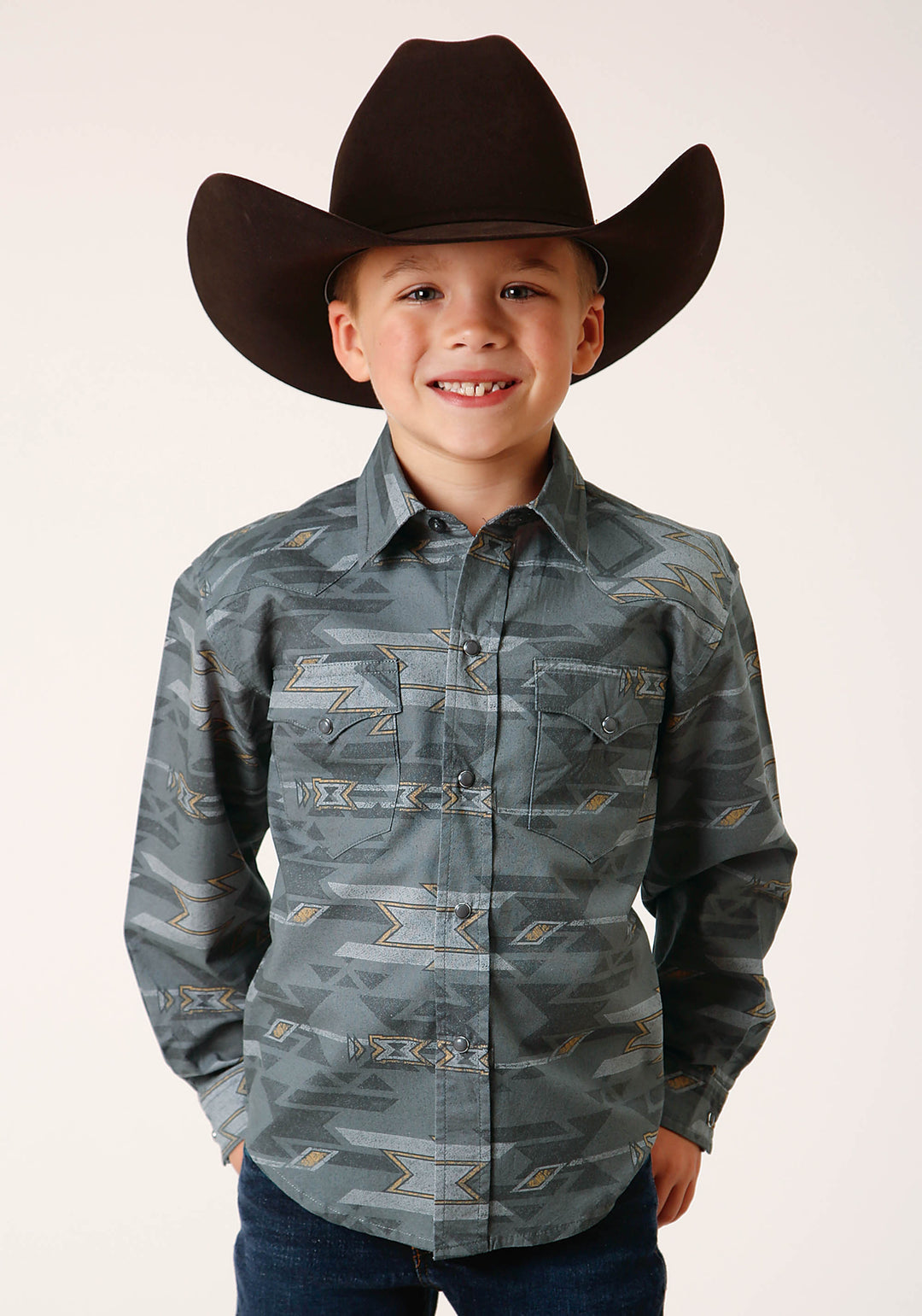 BOYS LONG SLEEVE SNAP GRAY FOG AZTEC PRINT WESTERN SHIRT