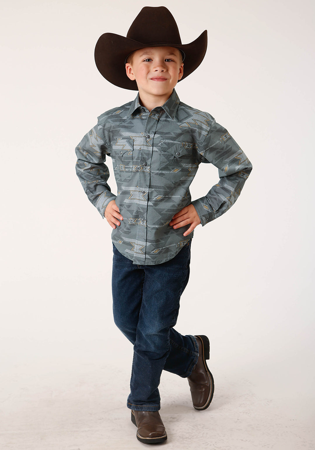 BOYS LONG SLEEVE SNAP GRAY FOG AZTEC PRINT WESTERN SHIRT