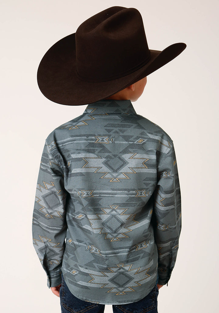 BOYS LONG SLEEVE SNAP GRAY FOG AZTEC PRINT WESTERN SHIRT