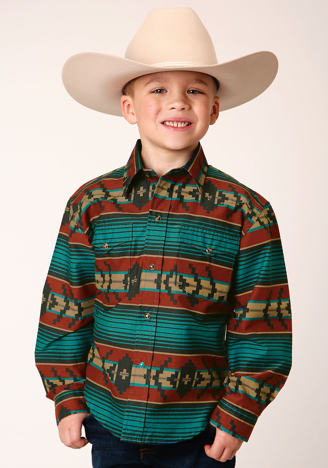 BOYS LONG SLEEVE SNAP OMBRE AZTEC HORIZONTAL STRIPE WESTERN SHIRT