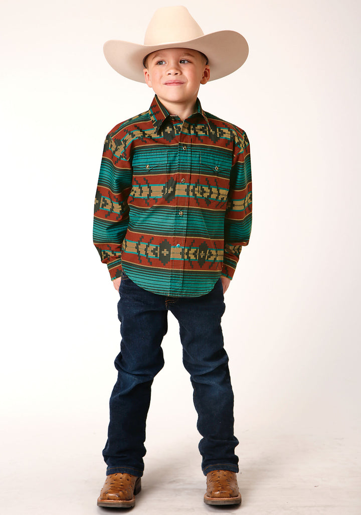 BOYS LONG SLEEVE SNAP OMBRE AZTEC HORIZONTAL STRIPE WESTERN SHIRT
