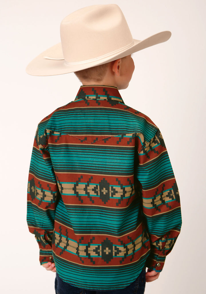 BOYS LONG SLEEVE SNAP OMBRE AZTEC HORIZONTAL STRIPE WESTERN SHIRT